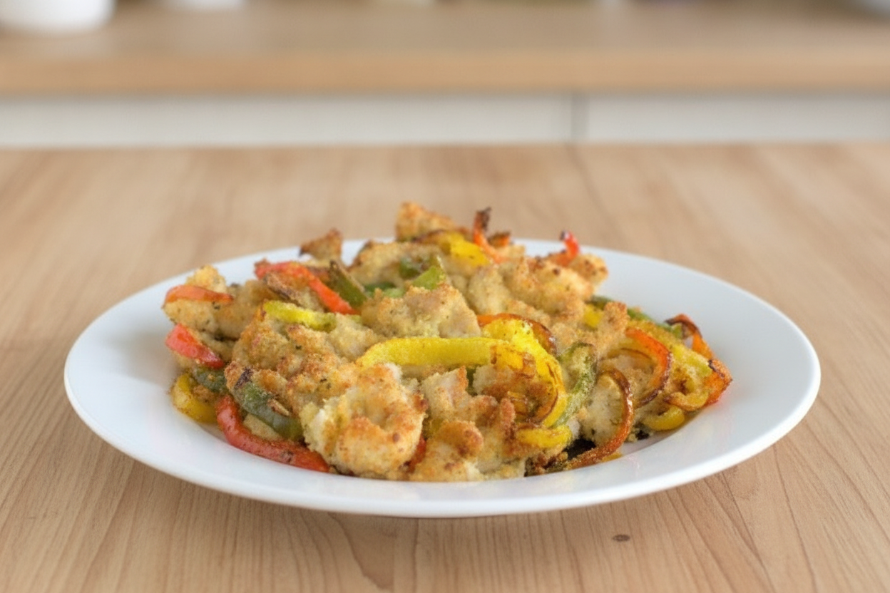 Straccetti di pollo dorati con peperoni rossi e gialli su piatto bianco