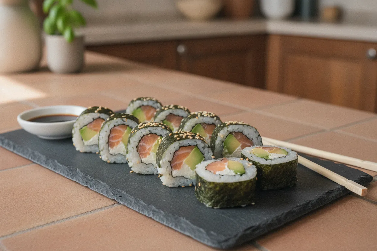 Sushi con salmone, avocado e formaggio cremoso