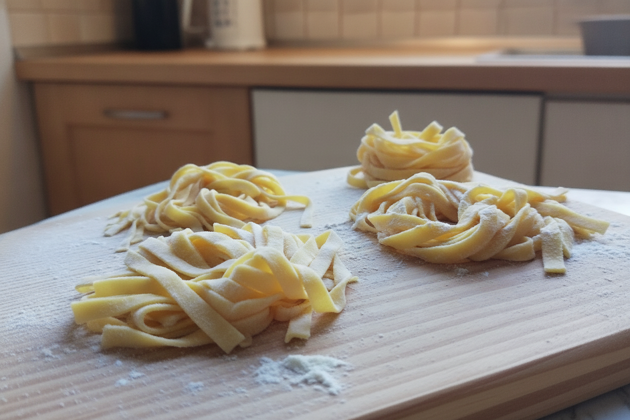 Nidi di tagliatelle fresche fatte in casa su tagliere infarinato
