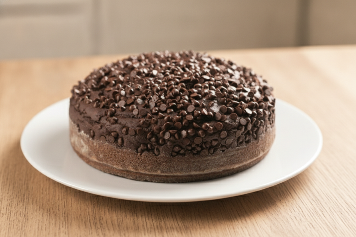 Torta al cioccolato con glassa e gocce di cioccolato su piatto bianco