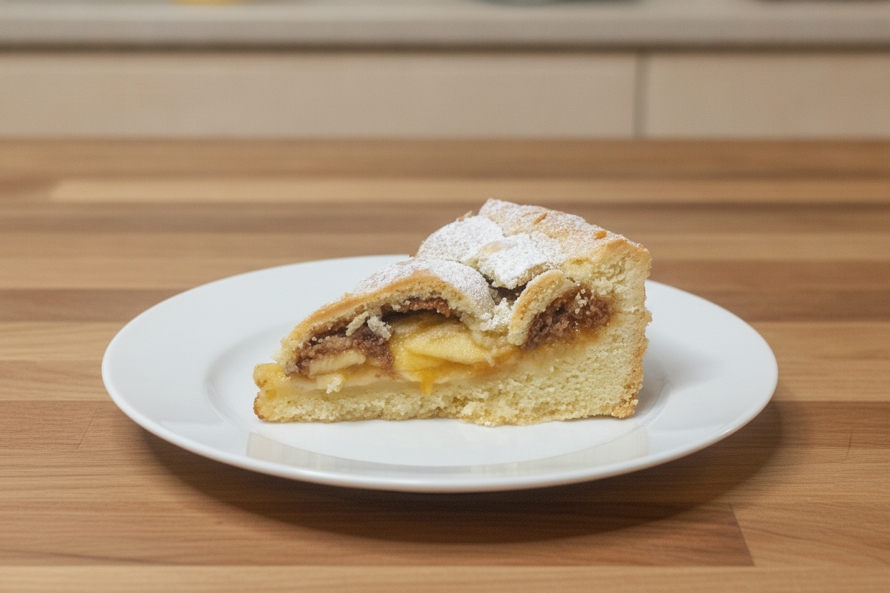 Fetta di torta alla marmellata di mele e cannella con zucchero a velo