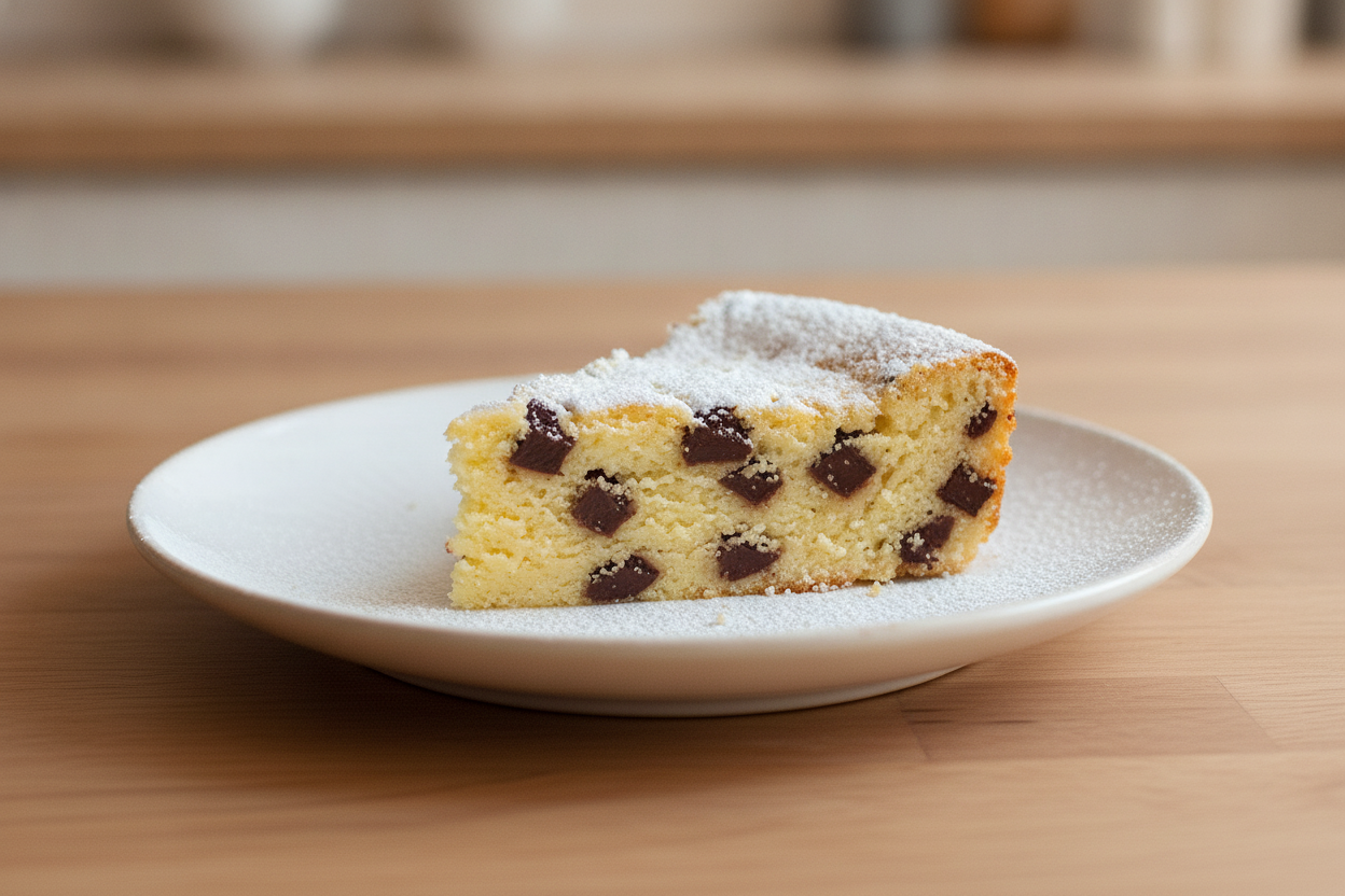 Fetta di torta di ricotta con gocce di cioccolato e zucchero a velo
