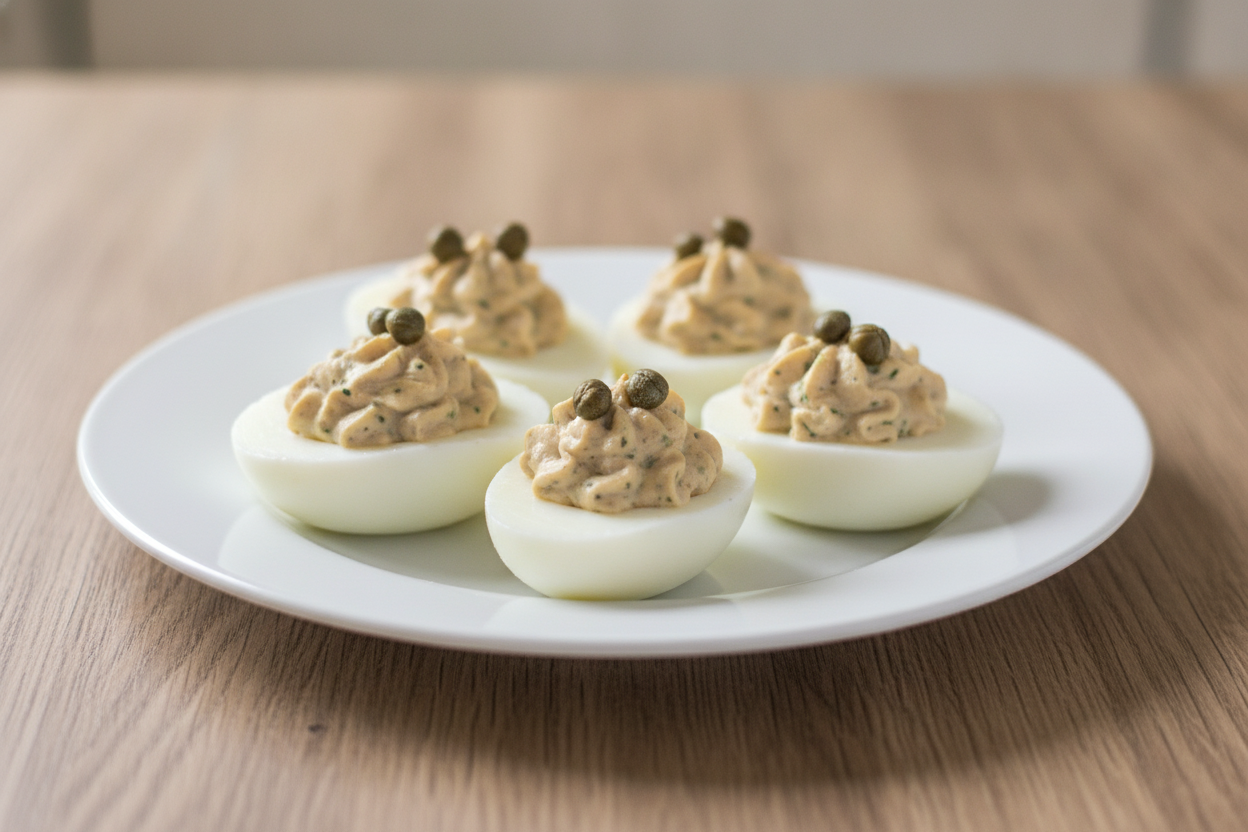 Uova sode ripiene di crema di tonno con capperi