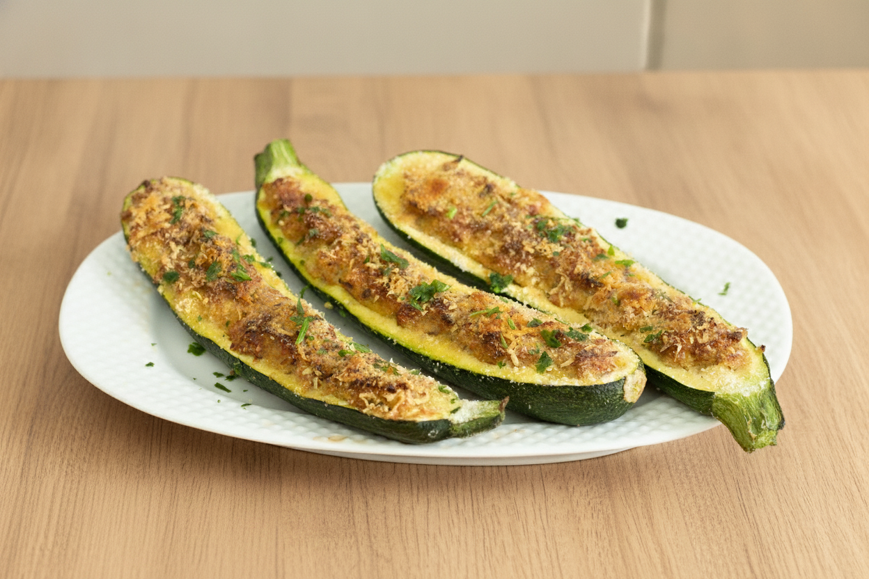 Zucchine ripiene di tonno gratinate con prezzemolo su piatto bianco