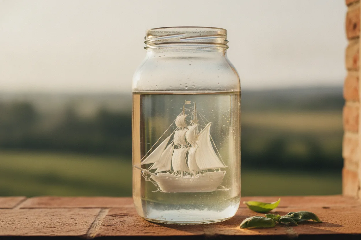 Un barattolo di vetro con acqua in cui l'albume d'uovo ha formato un veliero bianco con le vele spiegate, all'alba di San Giovanni
